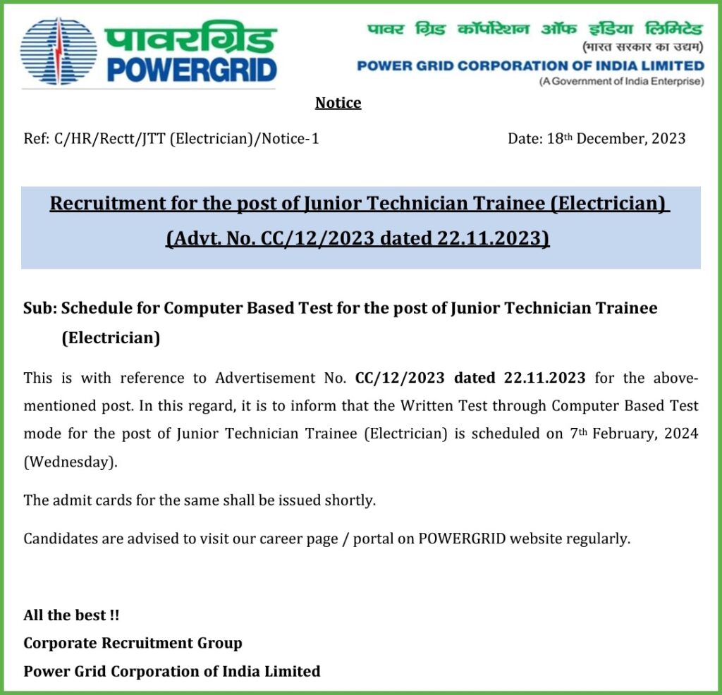PGCIL Junior Technician Exam Date 2023 Official Notice
