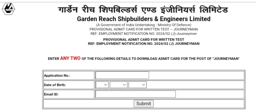 GRSE Ltd Journeyman Admit Card 2024 Download